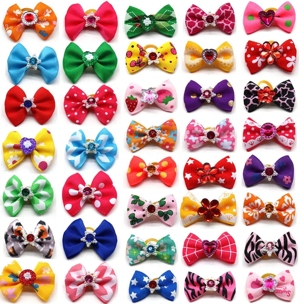 10pcs /20pcs/30pcs New Various Style Pet Dog Bows Pet Hair Bows Rubber Bands with Diamond Dog Bow Grooming Supplies Wholesale