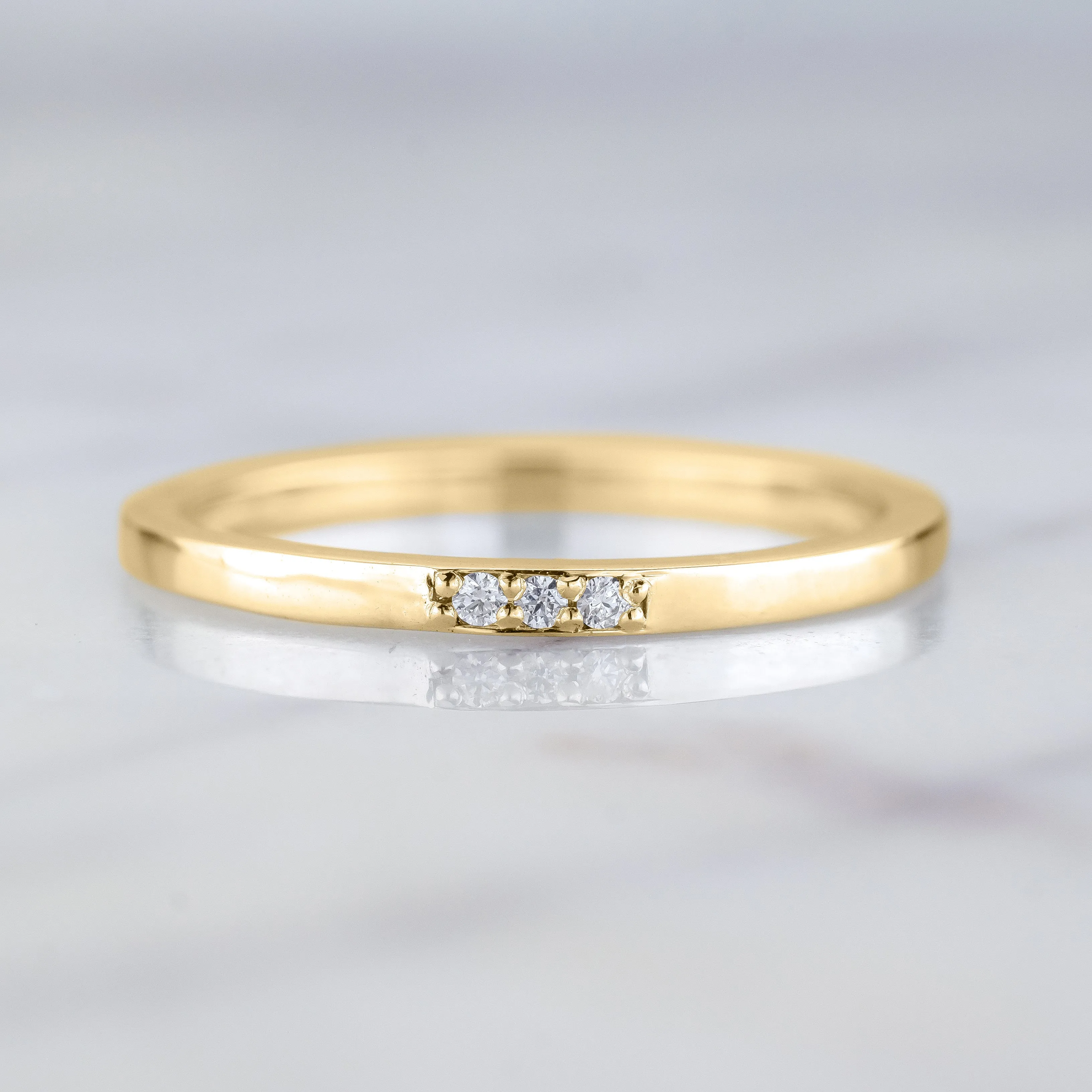 14k Yellow Gold 3 Diamond Wedding Band, Rectangle Style