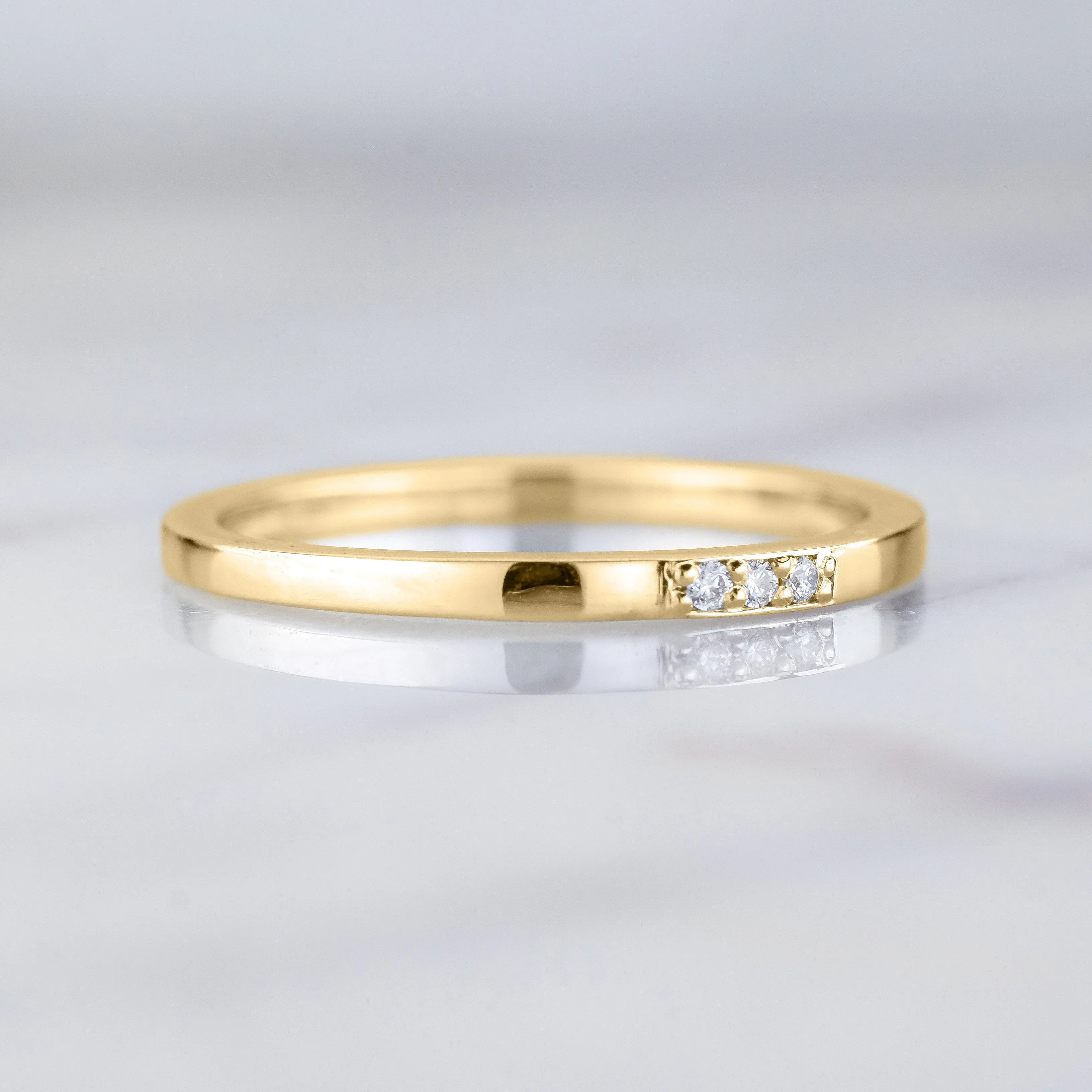 14k Yellow Gold 3 Diamond Wedding Band, Rectangle Style