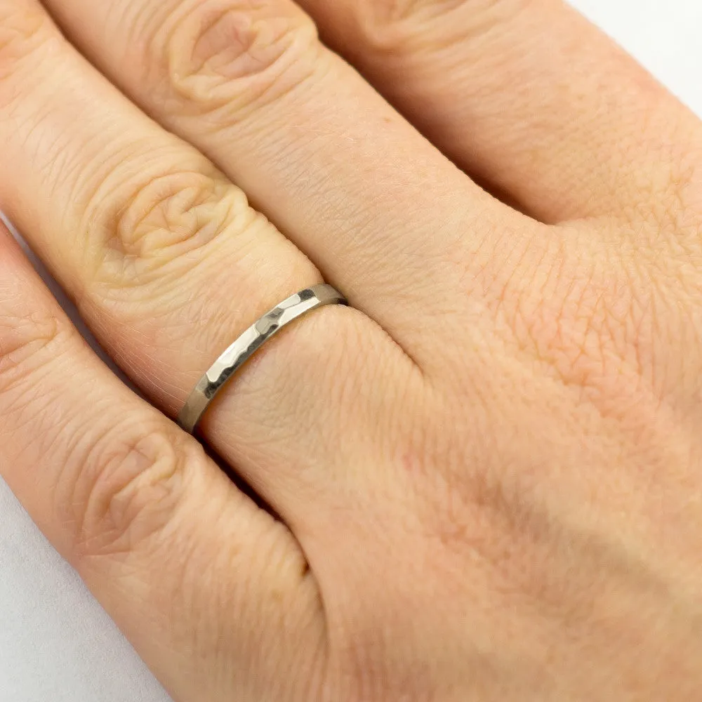 1.7mm Square Platinum Wedding Band, Hammered Polished