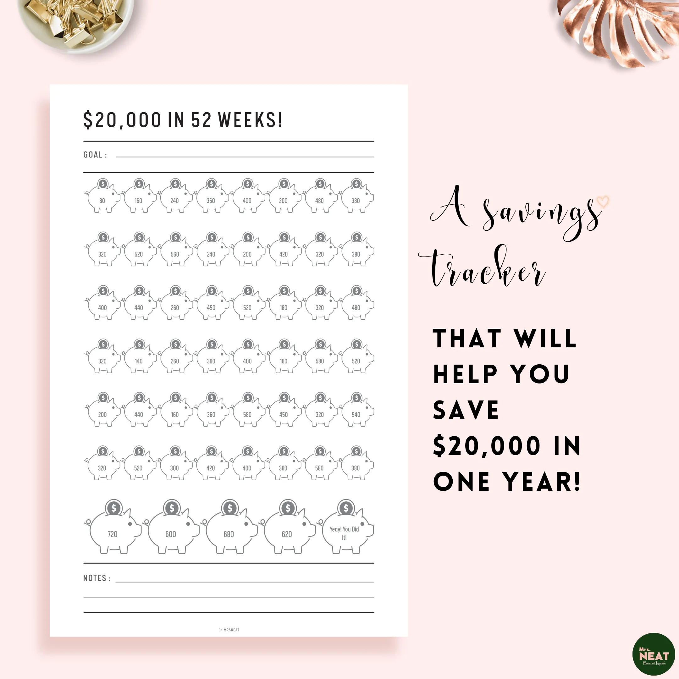 $20,000 Savings Challenge in 52 Weeks - M026