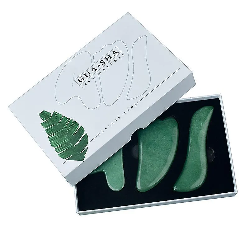 3Pcs Set With Gift Box Gua Sha Board Green Aventurine Face Massage Tool Back Head Foot Scraper Acupuntura Therapy Crystal Stone Massager Fa1374
