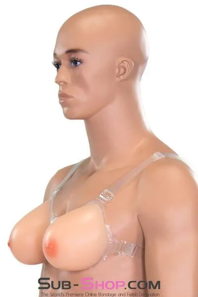 9877RS-SIS      Gia Real Forced Feminization Fantasy Female Led Relationship Feel Silicone Crossdressing Sissy Breast Forms with Nipples and Clear Straps, DD Cup