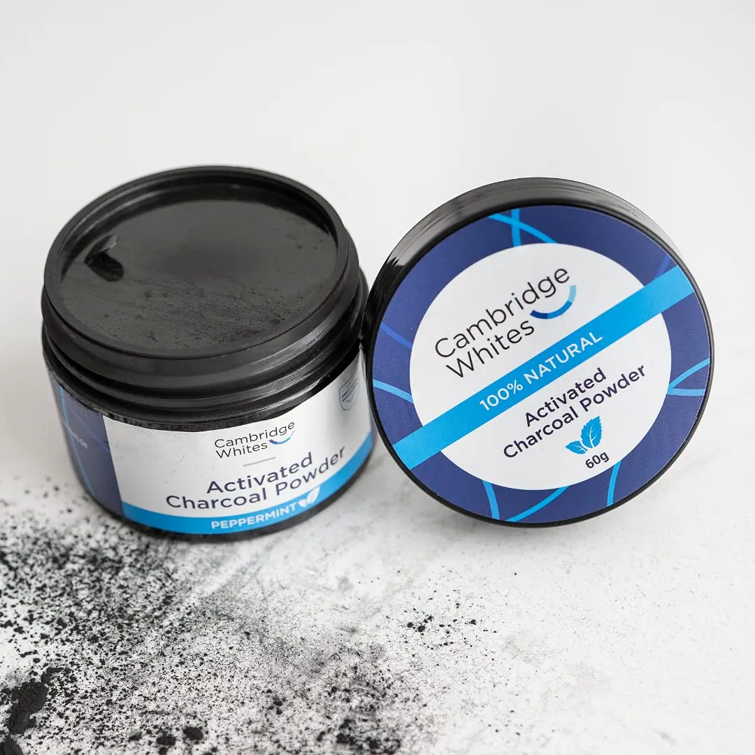 Activated Charcoal Natural Teeth Whitening Powder by Cambridge Whites - Daily Use, Absorbs Bacteria , Added Peppermint Oil for Fresh Breath
