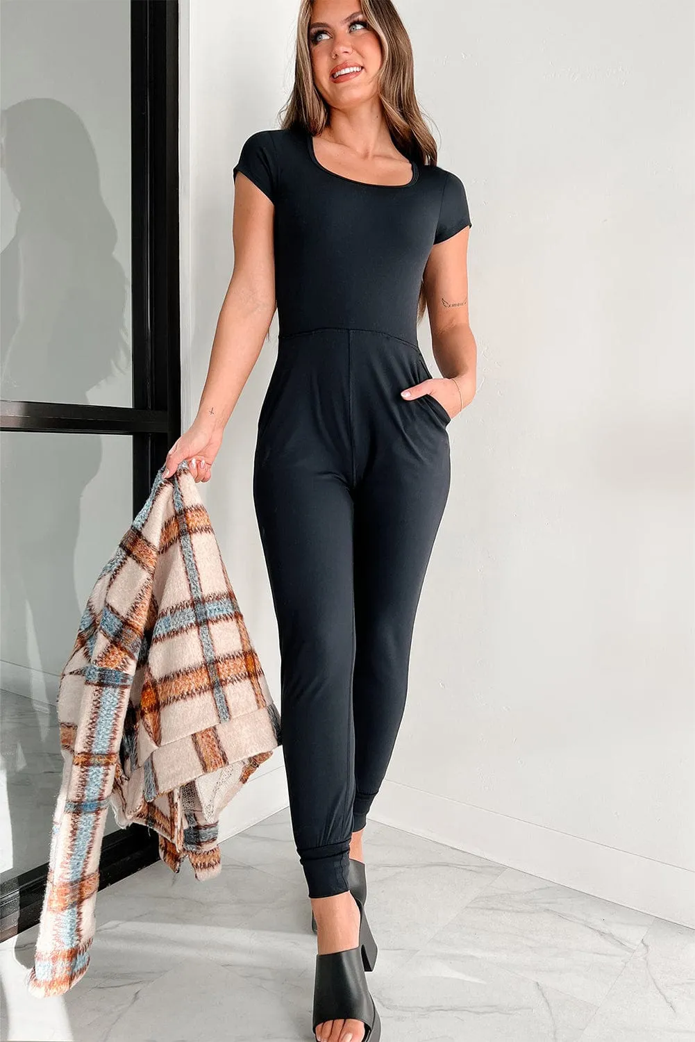 Black Sheath Waist Athleisure Jumpsuit with Short Sleeves
