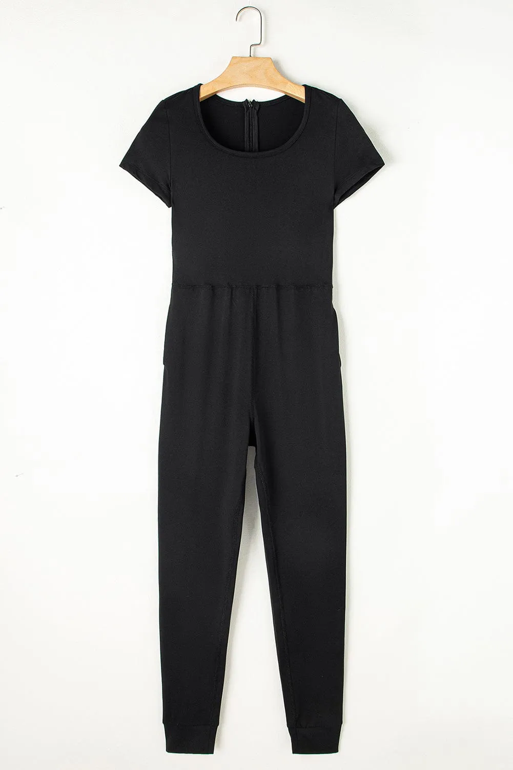 Black Sheath Waist Athleisure Jumpsuit with Short Sleeves