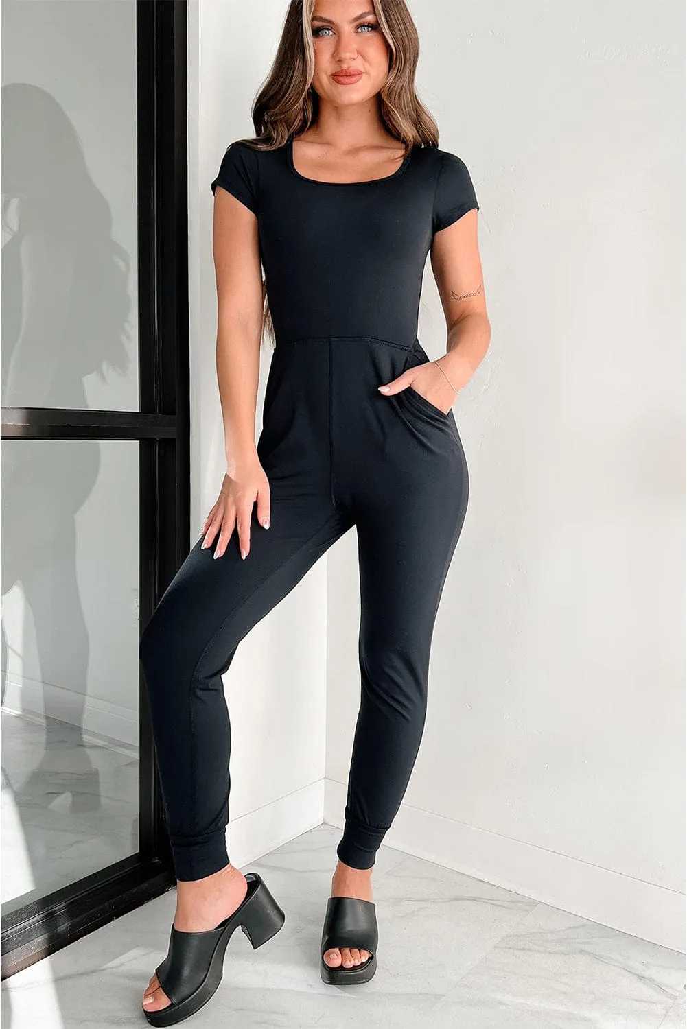 Black Sheath Waist Athleisure Jumpsuit with Short Sleeves