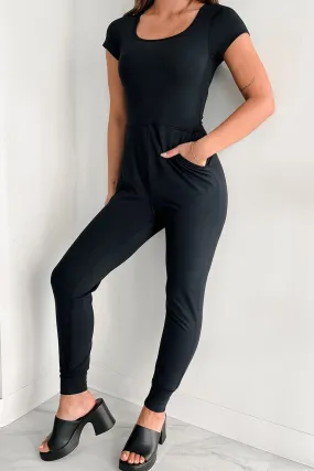 Black Sheath Waist Athleisure Jumpsuit with Short Sleeves