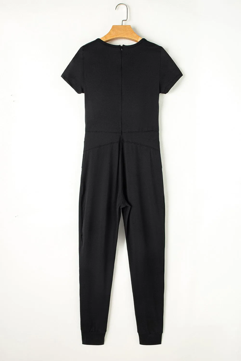 Black Sheath Waist Athleisure Jumpsuit with Short Sleeves