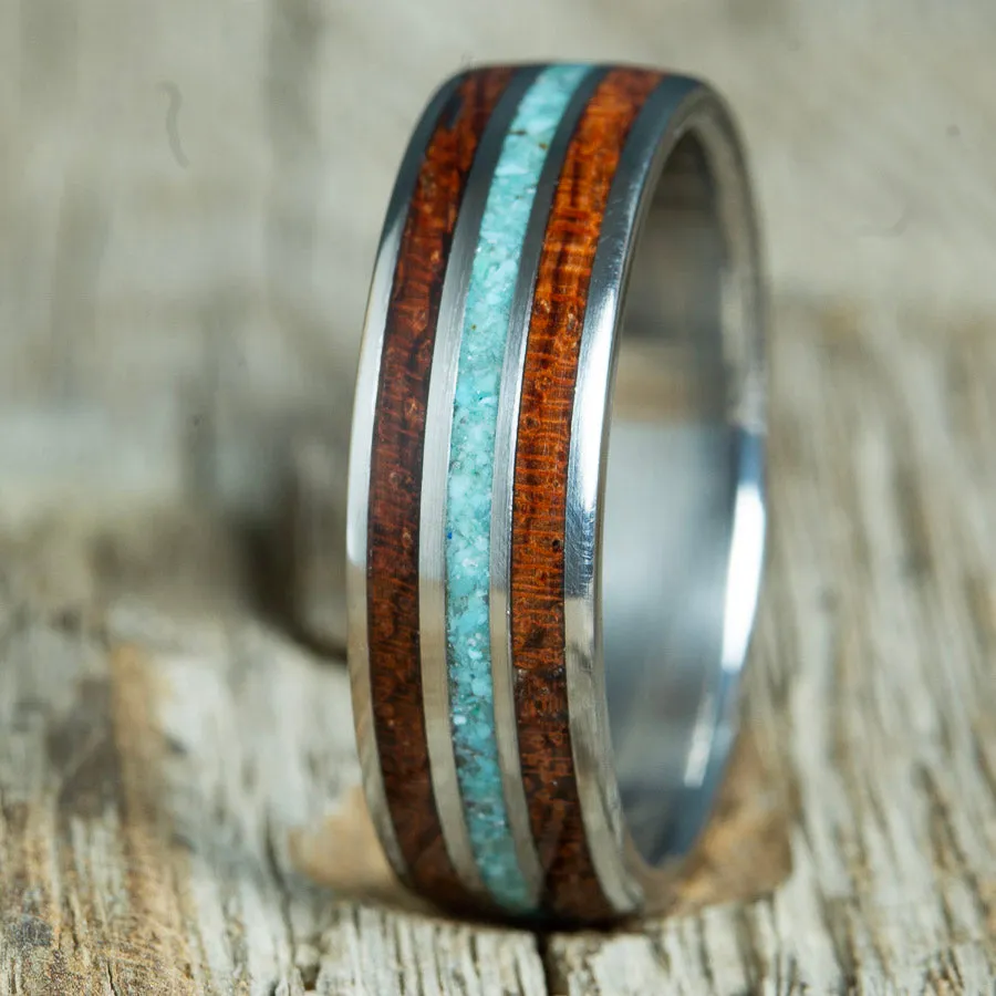Bubinga wood and turquoise on titanium mens wooden ring