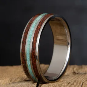 Bubinga wood and turquoise on titanium mens wooden ring