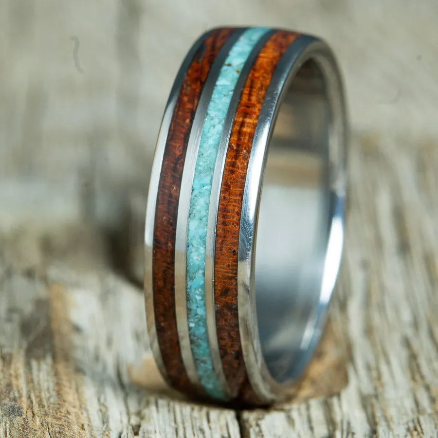 Bubinga wood and turquoise on titanium mens wooden ring