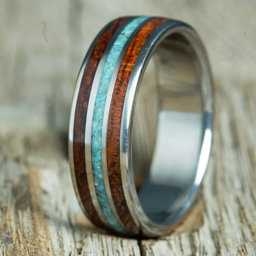 Bubinga wood and turquoise on titanium mens wooden ring