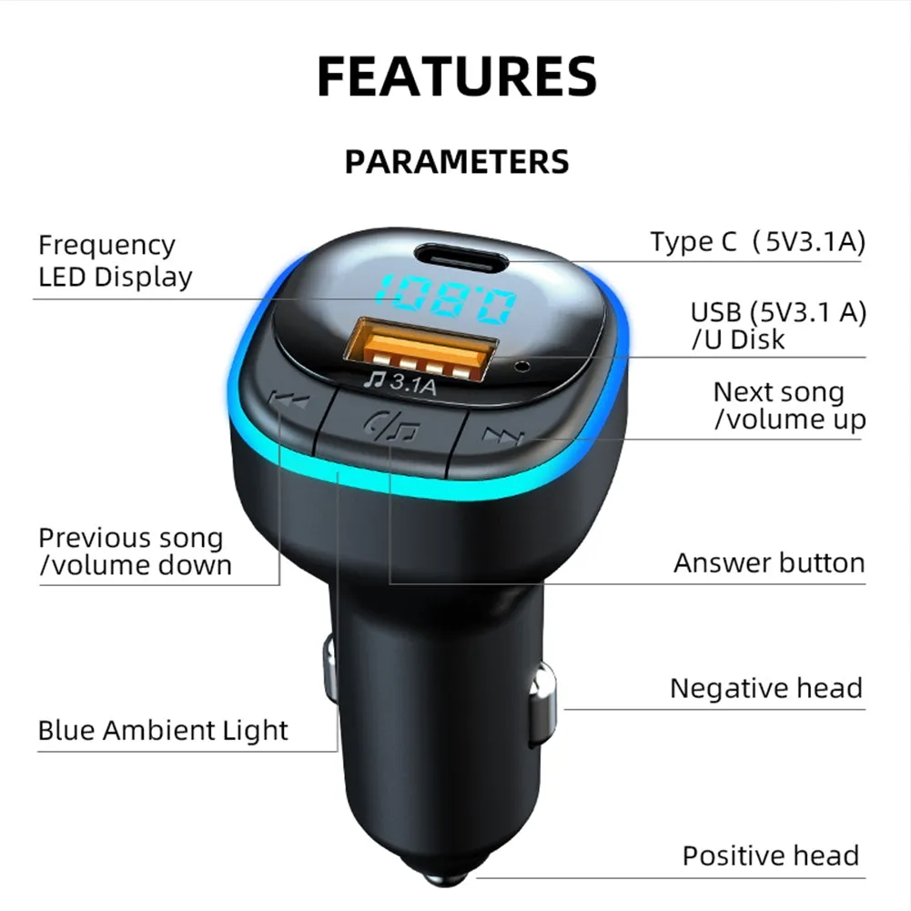 Car Bluetooth Kit Hands-free Mp3 Player Fast Charging Charger Fm