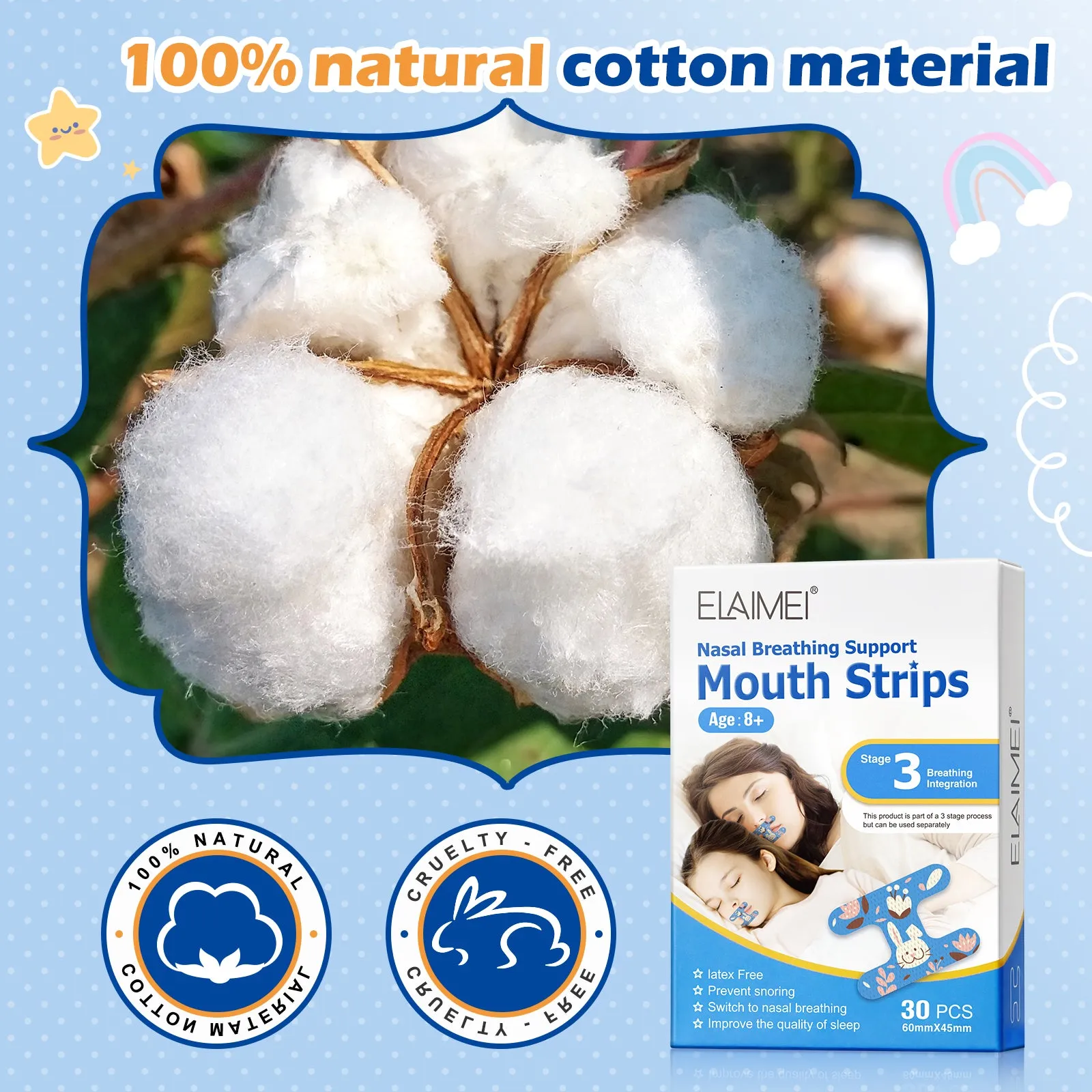 Elaimei Kids Sleep Strips, Nasal Breathing Support