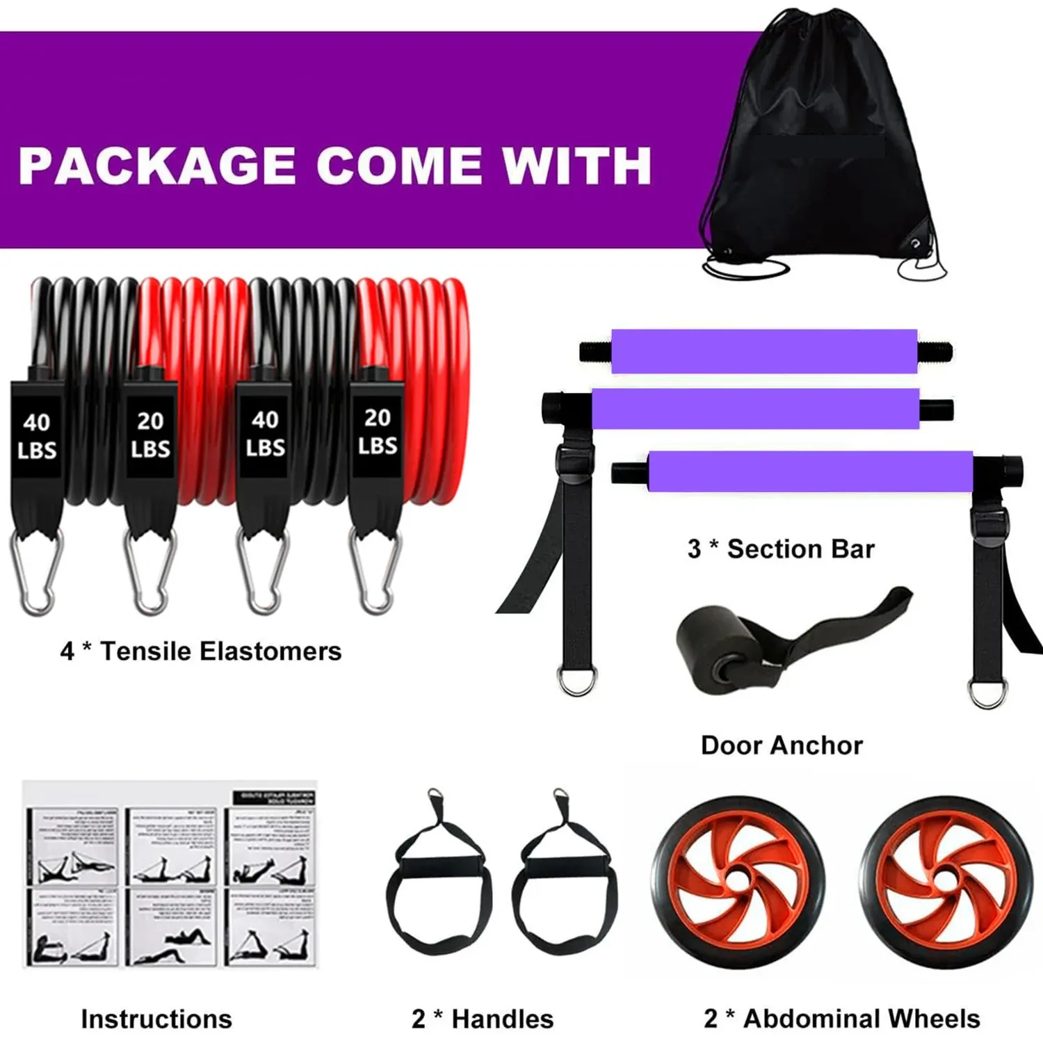 Fitness Pilates Bar Kit Resistance Bands with Ab Roller