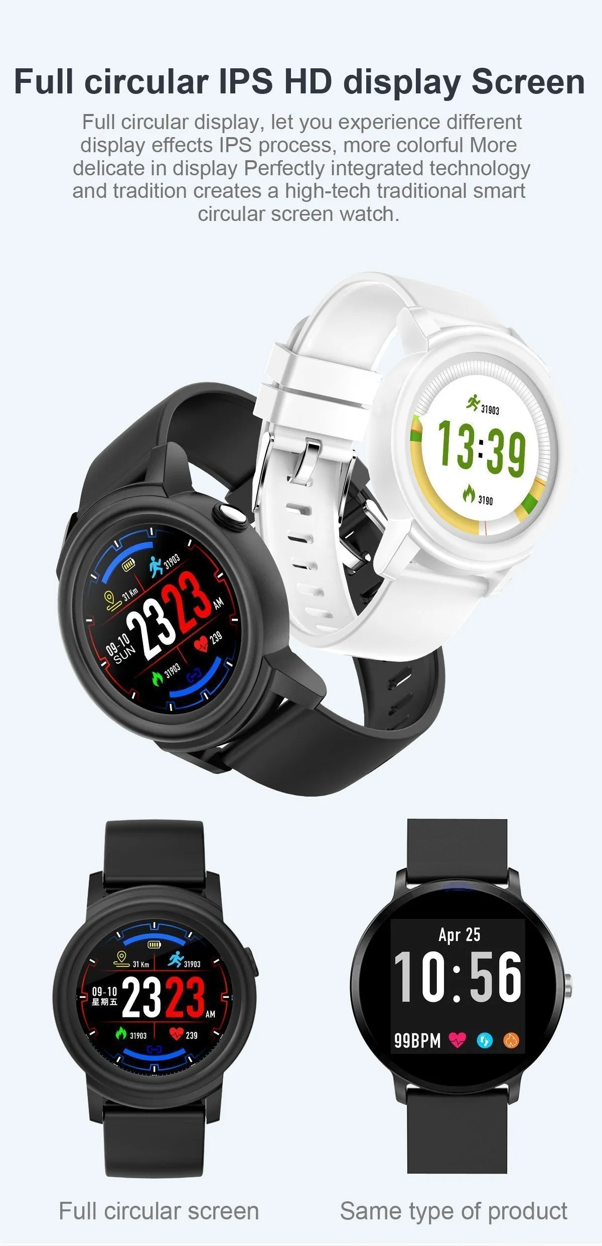 Full HD IPS Circular Screen Band Heart Rate Monitor Sport Mode Fitness Tracker Smart Watch