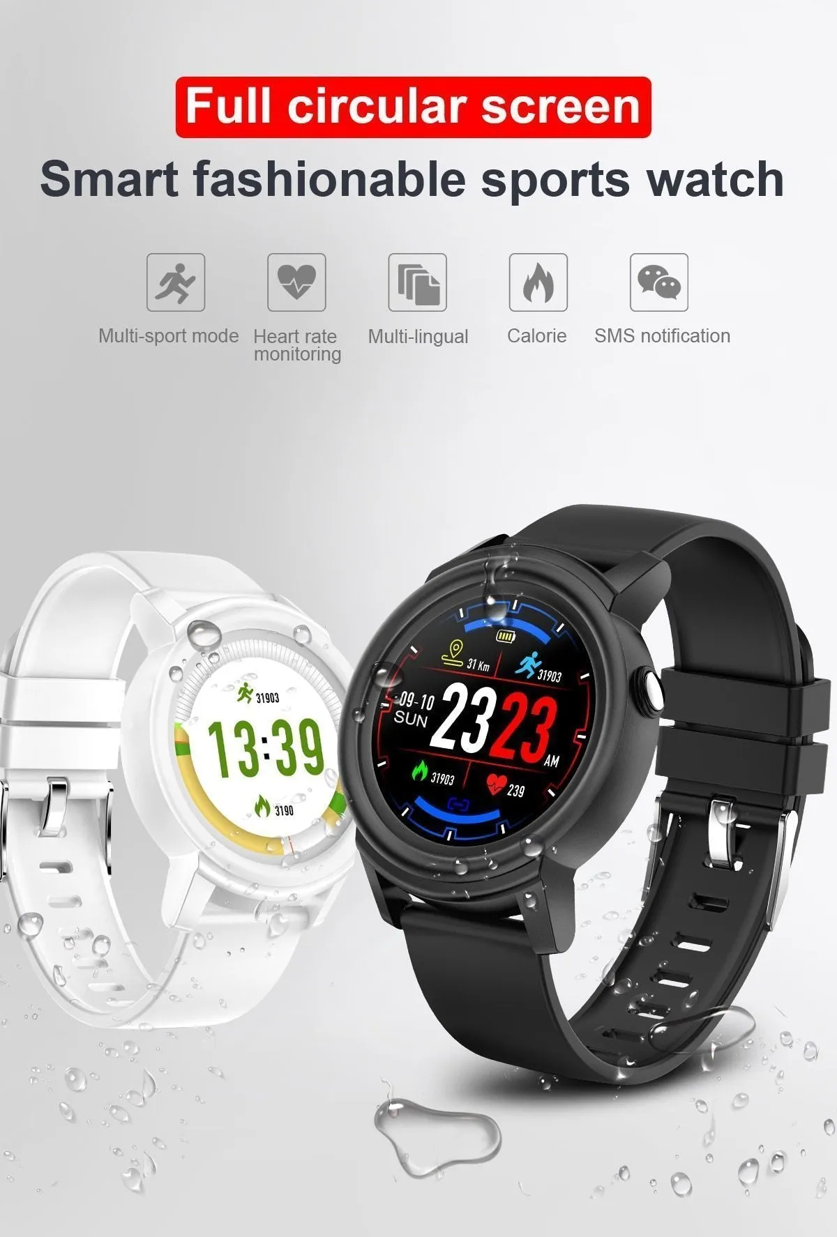 Full HD IPS Circular Screen Band Heart Rate Monitor Sport Mode Fitness Tracker Smart Watch