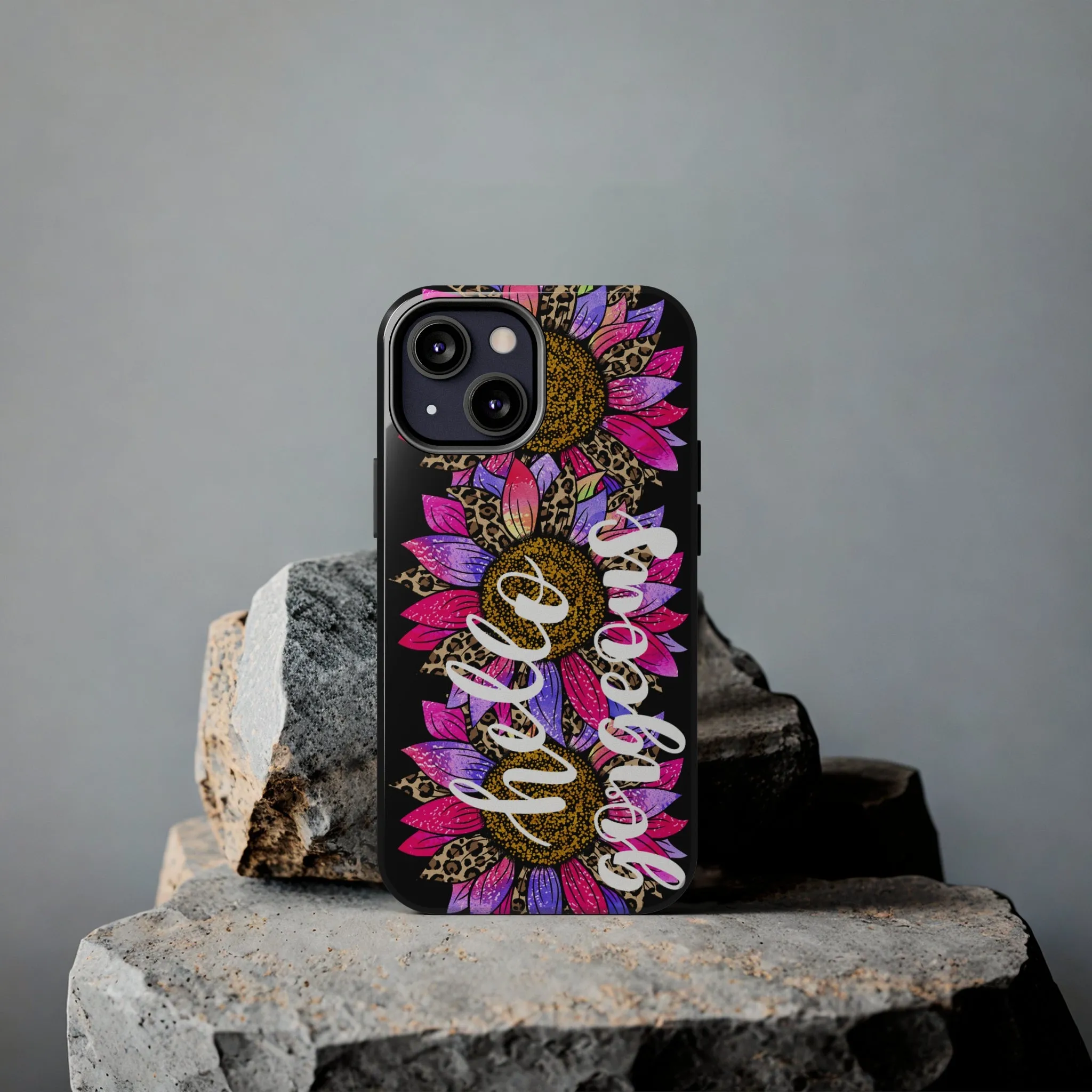 Hello Gorgeous Pink Purple Leopard Sunflowers iPhone Case - Stylish Floral Protective Cover