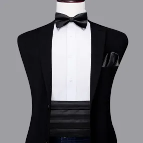 Hi-Tie Black Solid Wedding Mens Cummerbund Bow Tie Hanky Cufflinks Set