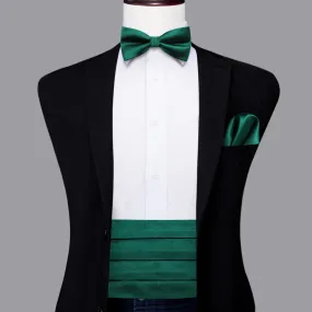 Hi-Tie Emerald Green Solid Mens Cummerbund Bow Tie Hanky Cufflinks Set