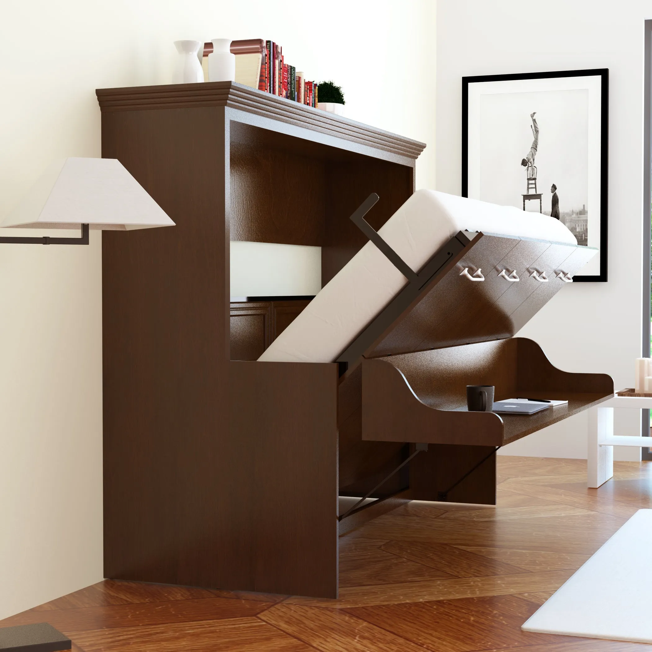 Leto Muro - Full Landscape Wall Bed with Desk in Walnut Finish