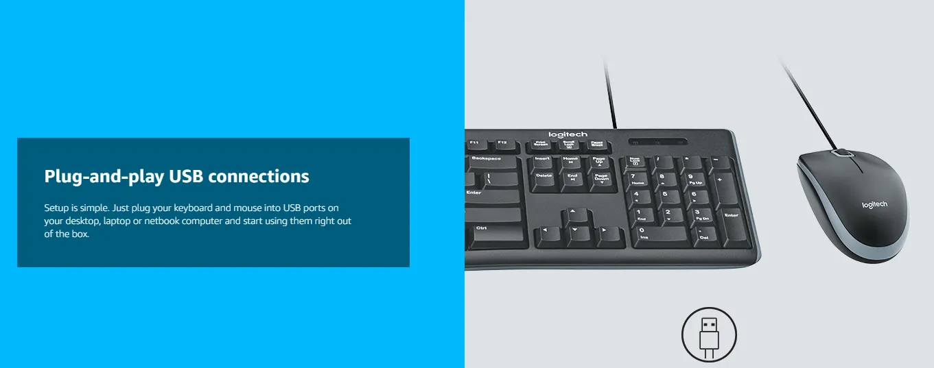 Logitech MK200 Media Wired Full-sized Keyboard with Spill-Resistant Design, 8 Multiple Hot Keys, and Optical Mouse Combo (Black)