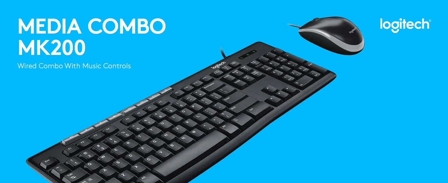 Logitech MK200 Media Wired Full-sized Keyboard with Spill-Resistant Design, 8 Multiple Hot Keys, and Optical Mouse Combo (Black)