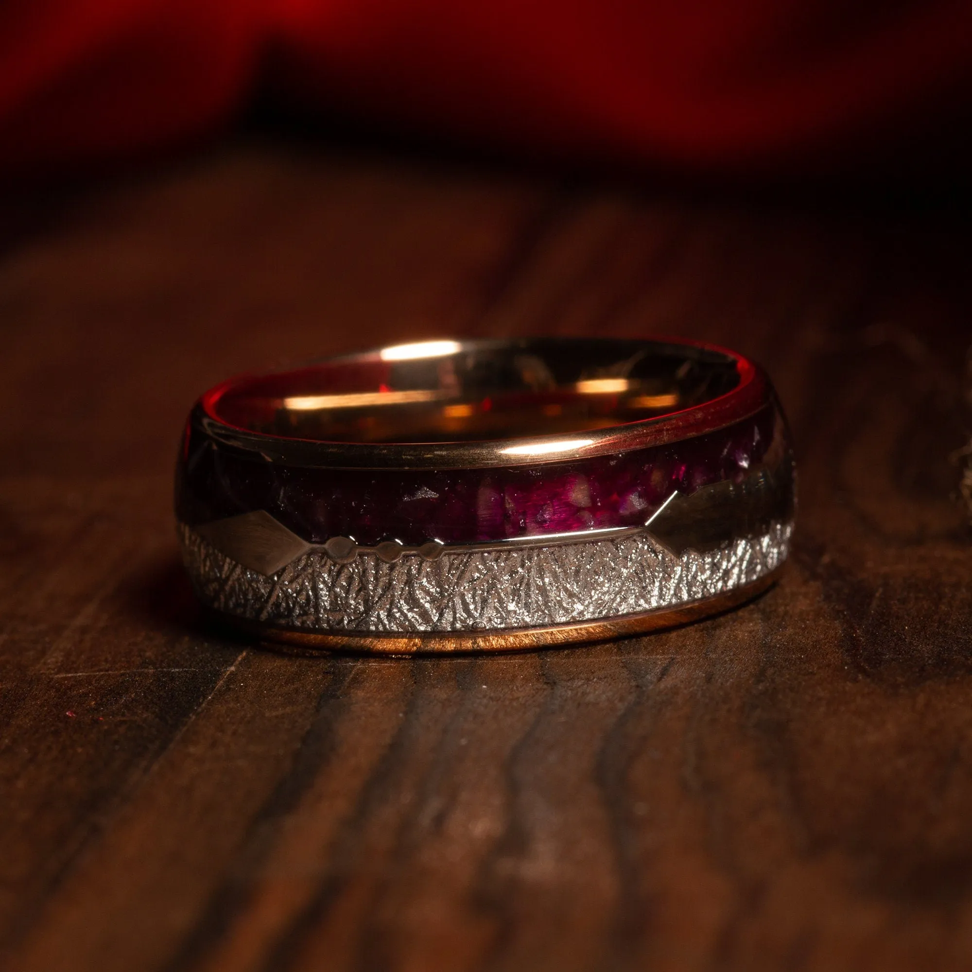 "Cairo" Purple Lapis Lazuli Meteorite Silver Arrow Dome Polished Rose Gold Tungsten Carbide Ring, 8mm