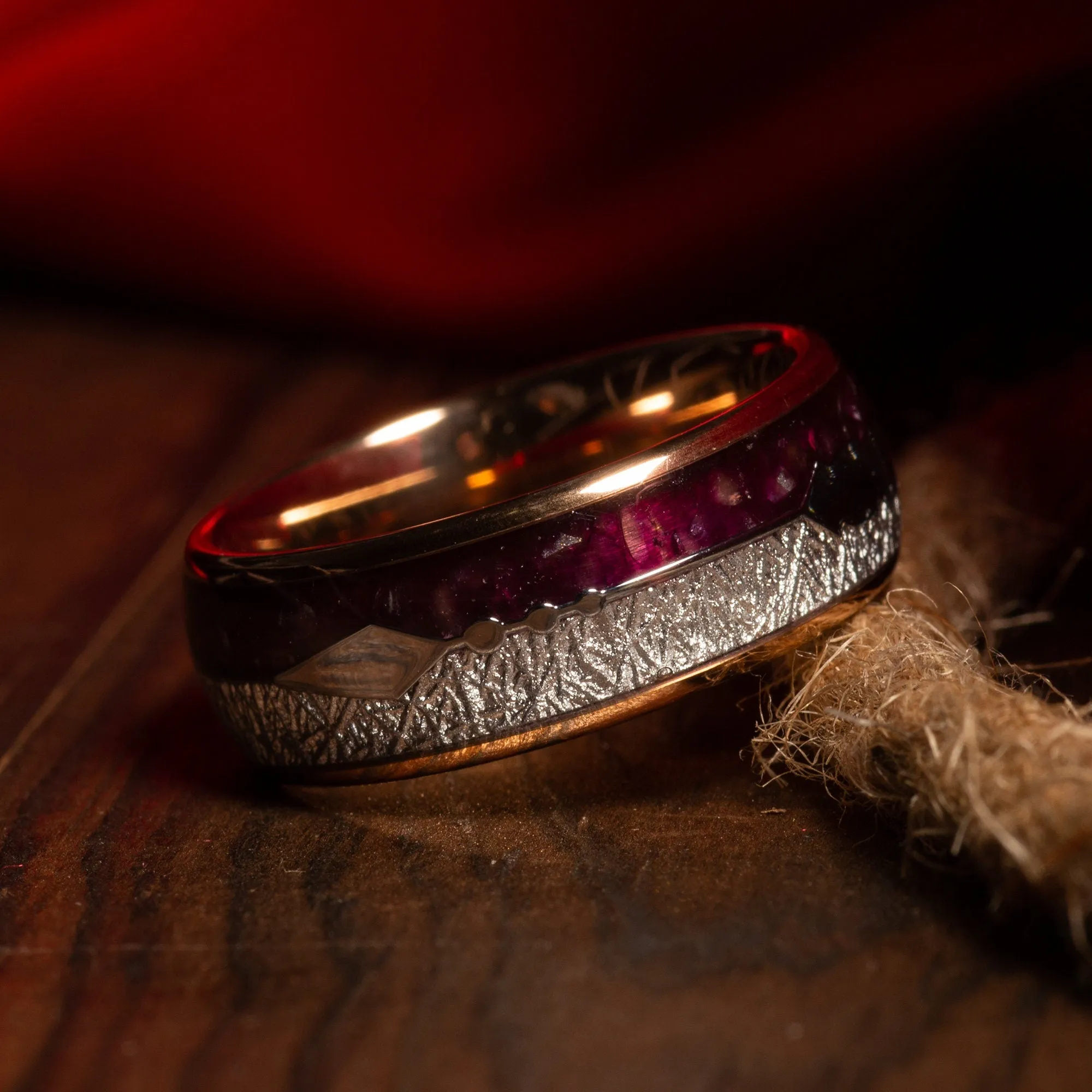"Cairo" Purple Lapis Lazuli Meteorite Silver Arrow Dome Polished Rose Gold Tungsten Carbide Ring, 8mm