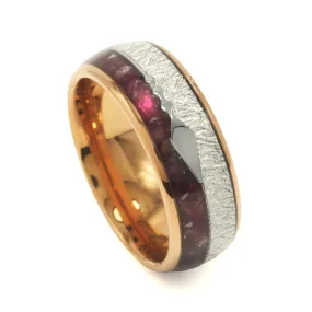 "Cairo" Purple Lapis Lazuli Meteorite Silver Arrow Dome Polished Rose Gold Tungsten Carbide Ring, 8mm