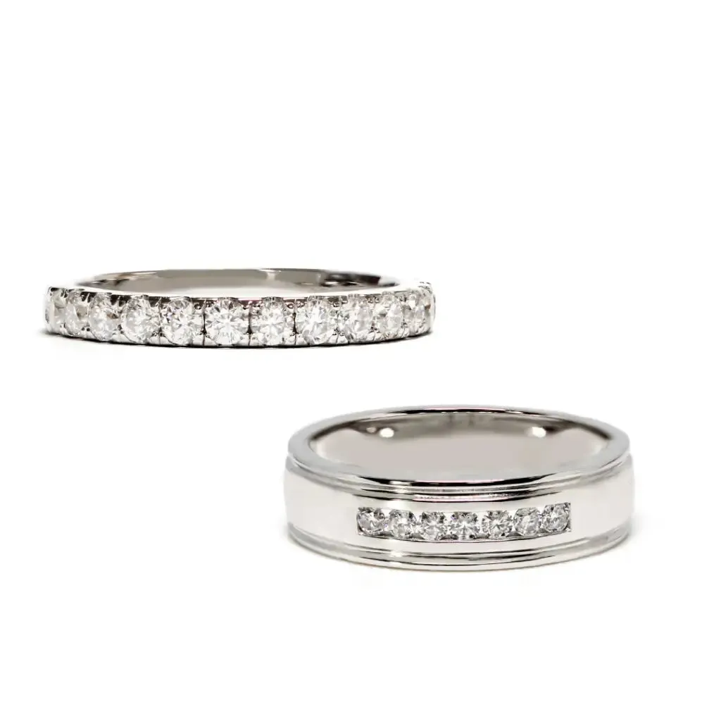 Safiya Moissanite Half Eternity and Channel Set 7 Stone Wedding Rings in 18K gold