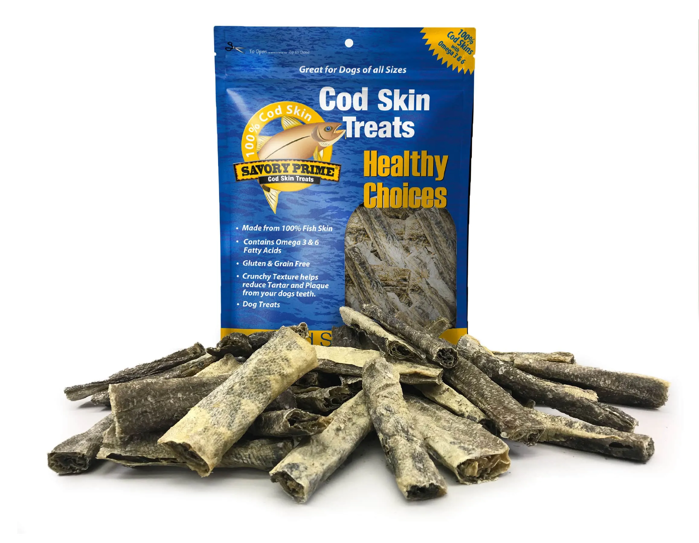 Savory Prime Cod Skin Fish Strips Treats for Dogs
