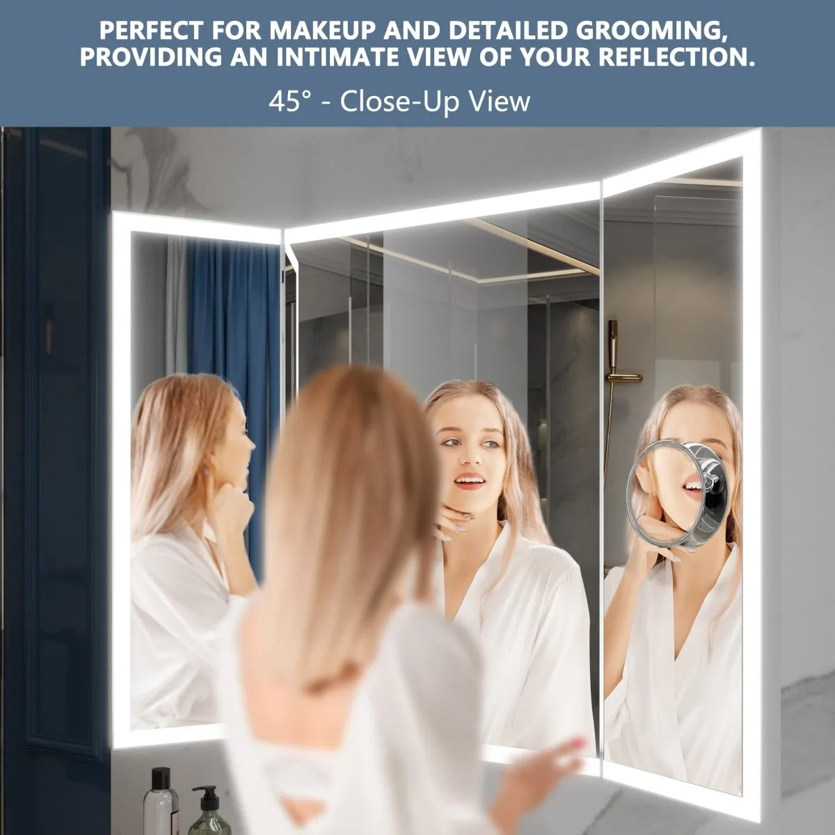 TriFold 48" W x 36" H LED Lighted Tri-Fold Bathroom Mirror, Front & Back Lighting, with Movable 10X Magnifying Mirror
