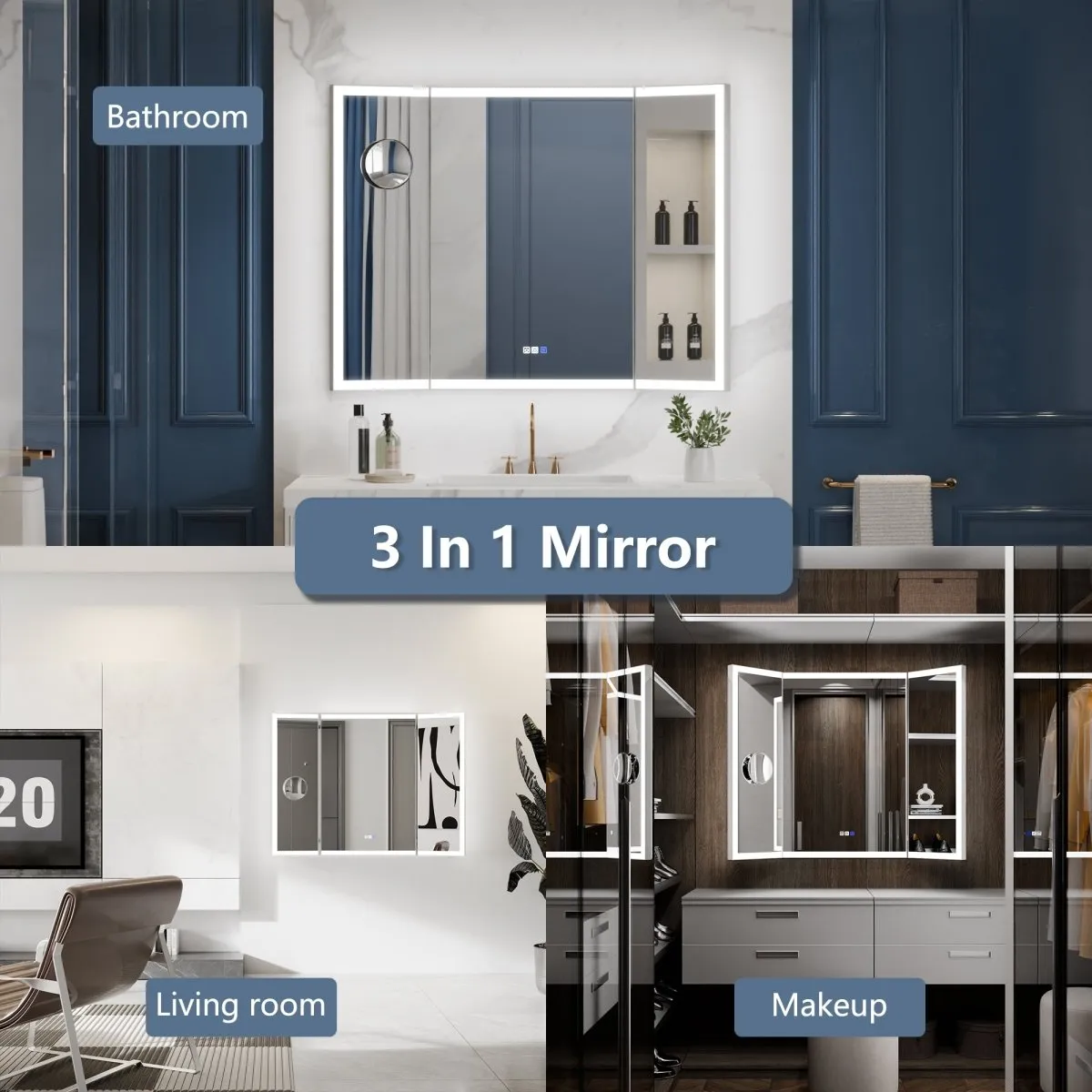 TriFold 48" W x 36" H LED Lighted Tri-Fold Bathroom Mirror, Front & Back Lighting, with Movable 10X Magnifying Mirror