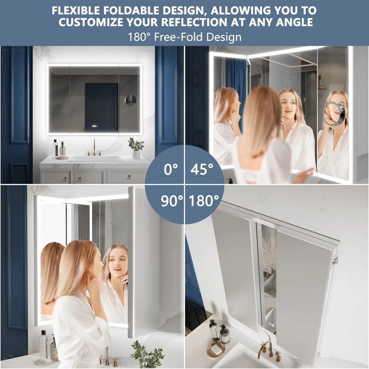 TriFold 48" W x 36" H LED Lighted Tri-Fold Bathroom Mirror, Front & Back Lighting, with Movable 10X Magnifying Mirror