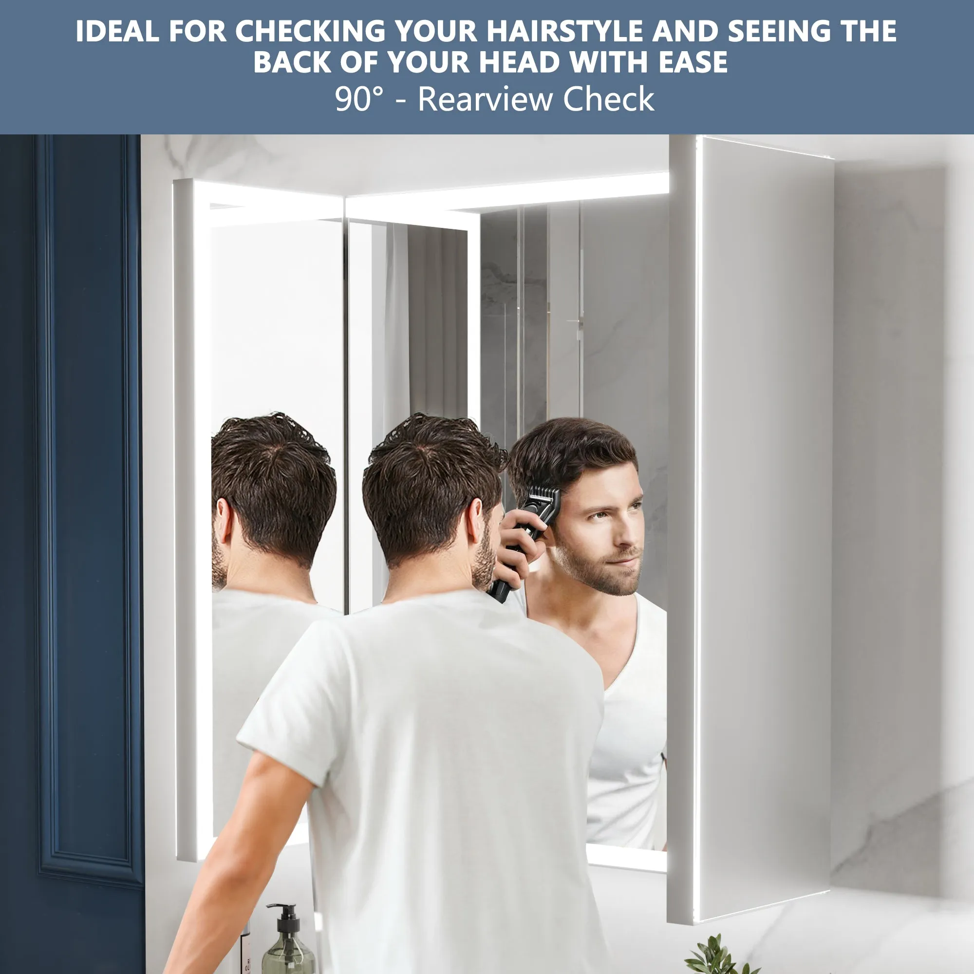 TriFold 48" W x 36" H LED Lighted Tri-Fold Bathroom Mirror, Front & Back Lighting, with Movable 10X Magnifying Mirror