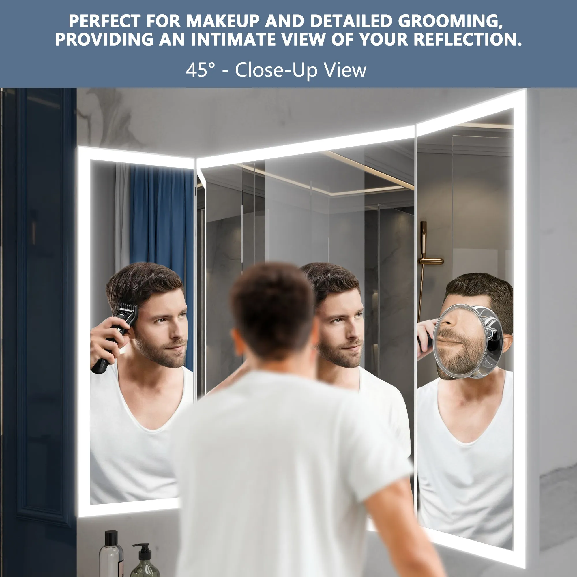TriFold 66" W x 36" H LED Lighted Tri-Fold Bathroom Mirror, Front & Back Lighting, with Movable 10X Magnifying Mirror