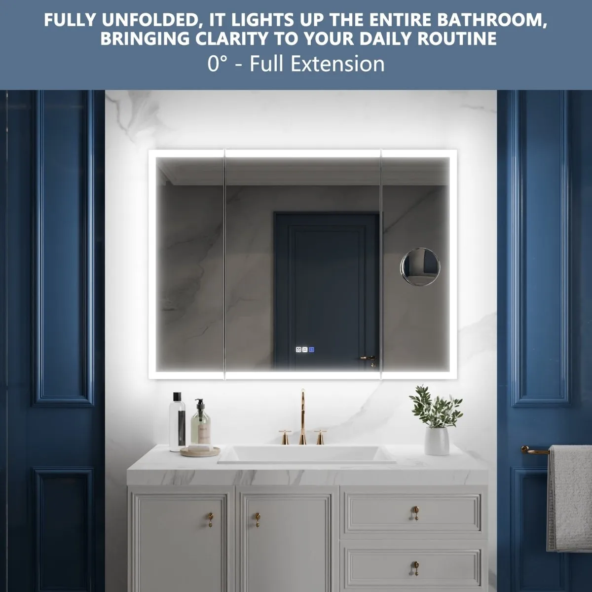 TriFold 66" W x 36" H LED Lighted Tri-Fold Bathroom Mirror, Front & Back Lighting, with Movable 10X Magnifying Mirror