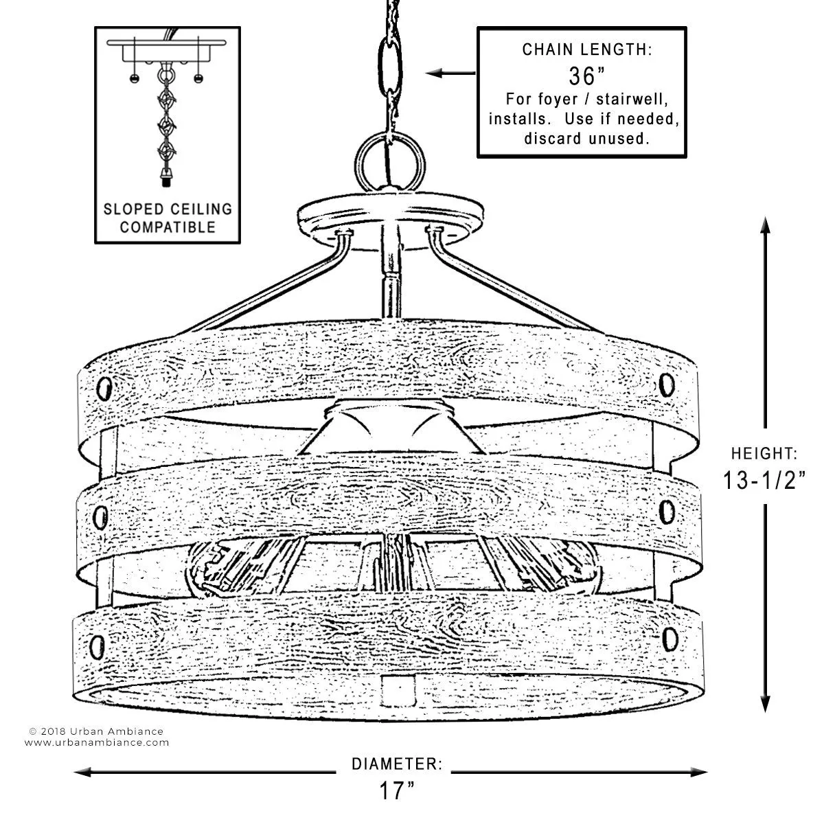 UHP2471 Modern Farmhouse Chandelier / Ceiling Fixture, 13-1/2"H x 17"W, Galvanized Steel, Adelaide Collection