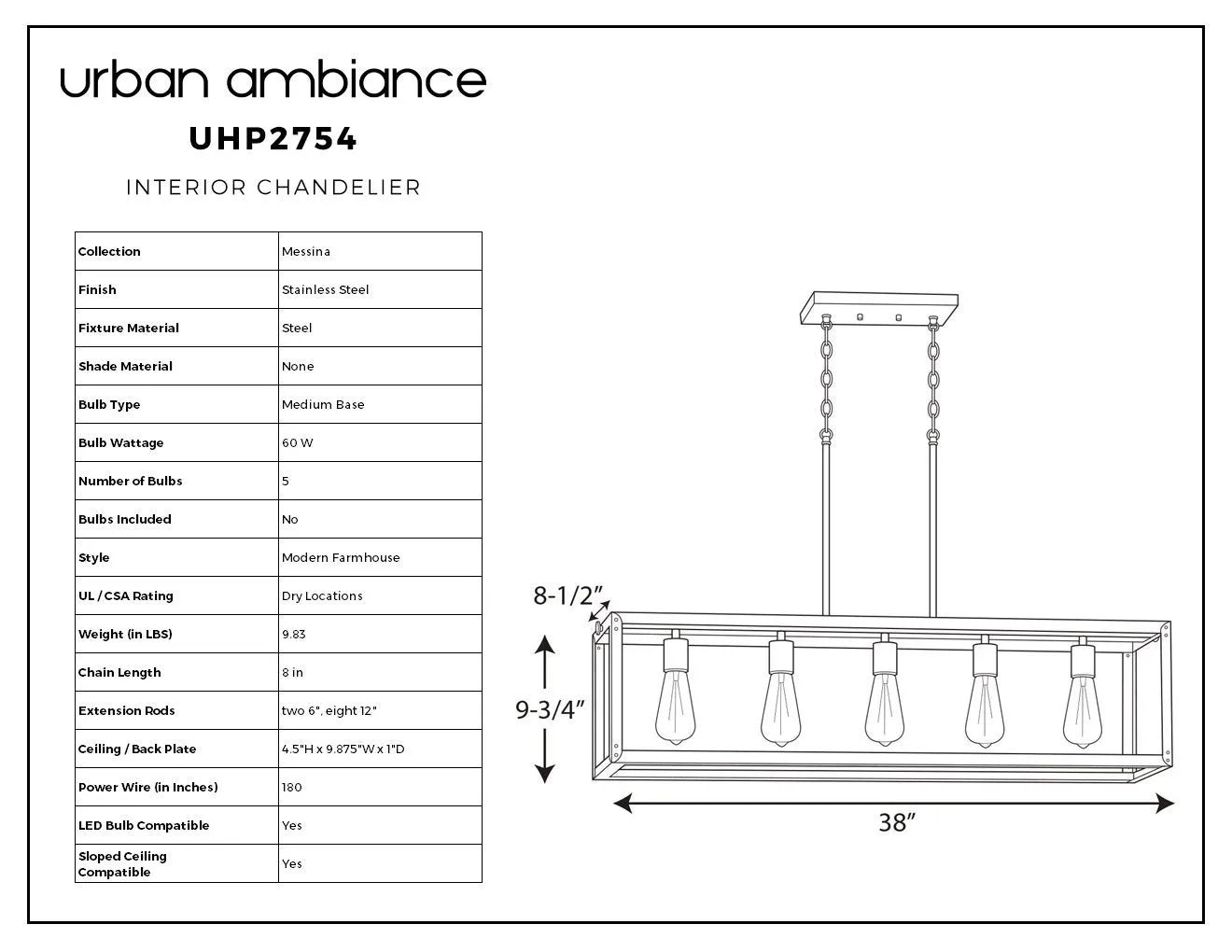 UHP2754 Modern Farmhouse Farmhouse Chandelier, 9-3/4" x 38", Stainless Steel Finish, Messina Collection