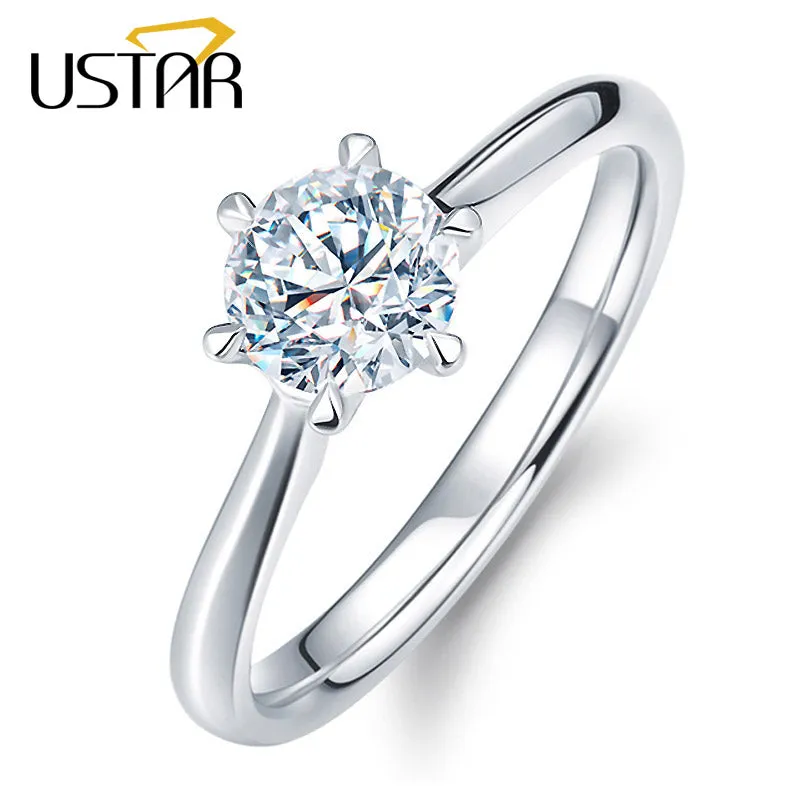 USTAR Classic Six Claw 1 Carat 6mm Zircon Wedding Rings for women Jewelry silver color Engagement rings female Anel Bijoux Gift