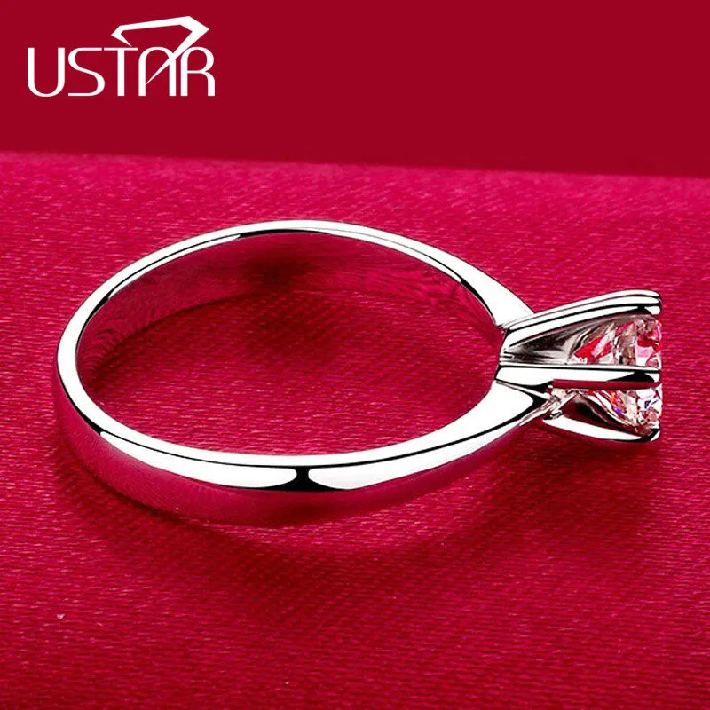 USTAR Classic Six Claw 1 Carat 6mm Zircon Wedding Rings for women Jewelry silver color Engagement rings female Anel Bijoux Gift